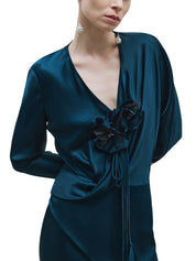 Floral Detailed Draped Satin Dress