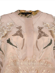 Saru mix organza silk and organza silk print cloak blouse with back gathered peplum