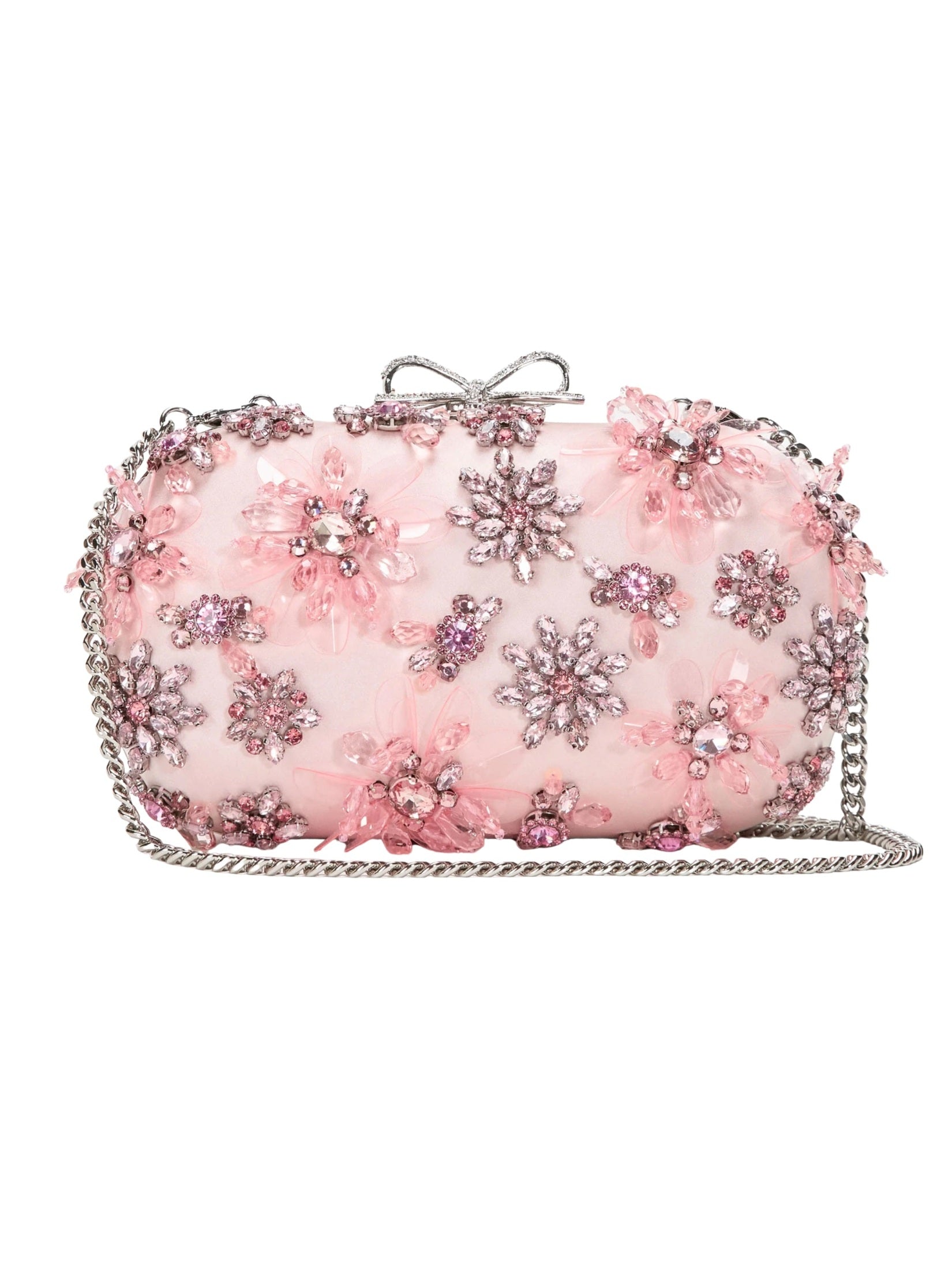 Pink satin floral crystal clutch