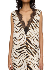 Printed stretch satin v-neck midi dress