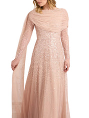 Moonlight sequin draped long sleeve gown
