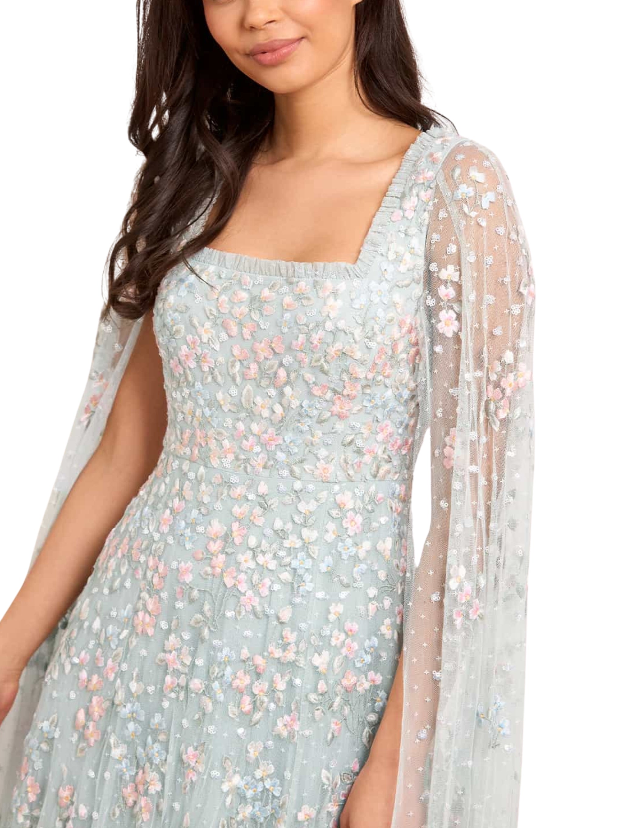 VERSAILLES DITSY CAPE SLEEVE ANKLE GOWN