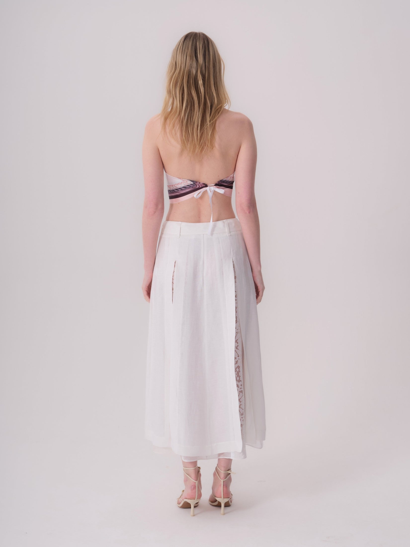 Belted Linen Skirt with Lace and Slit Detail