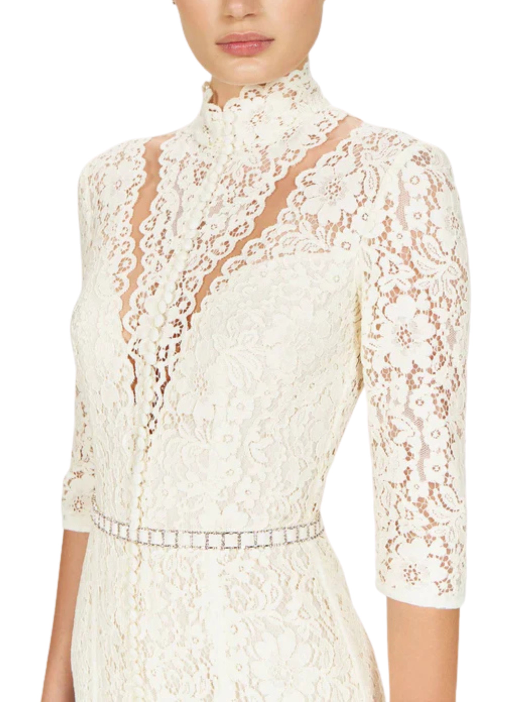 JUNIA COTTON-BLEND CORDED LACE GODET GOWN WITH ILLUSION NECKLINE