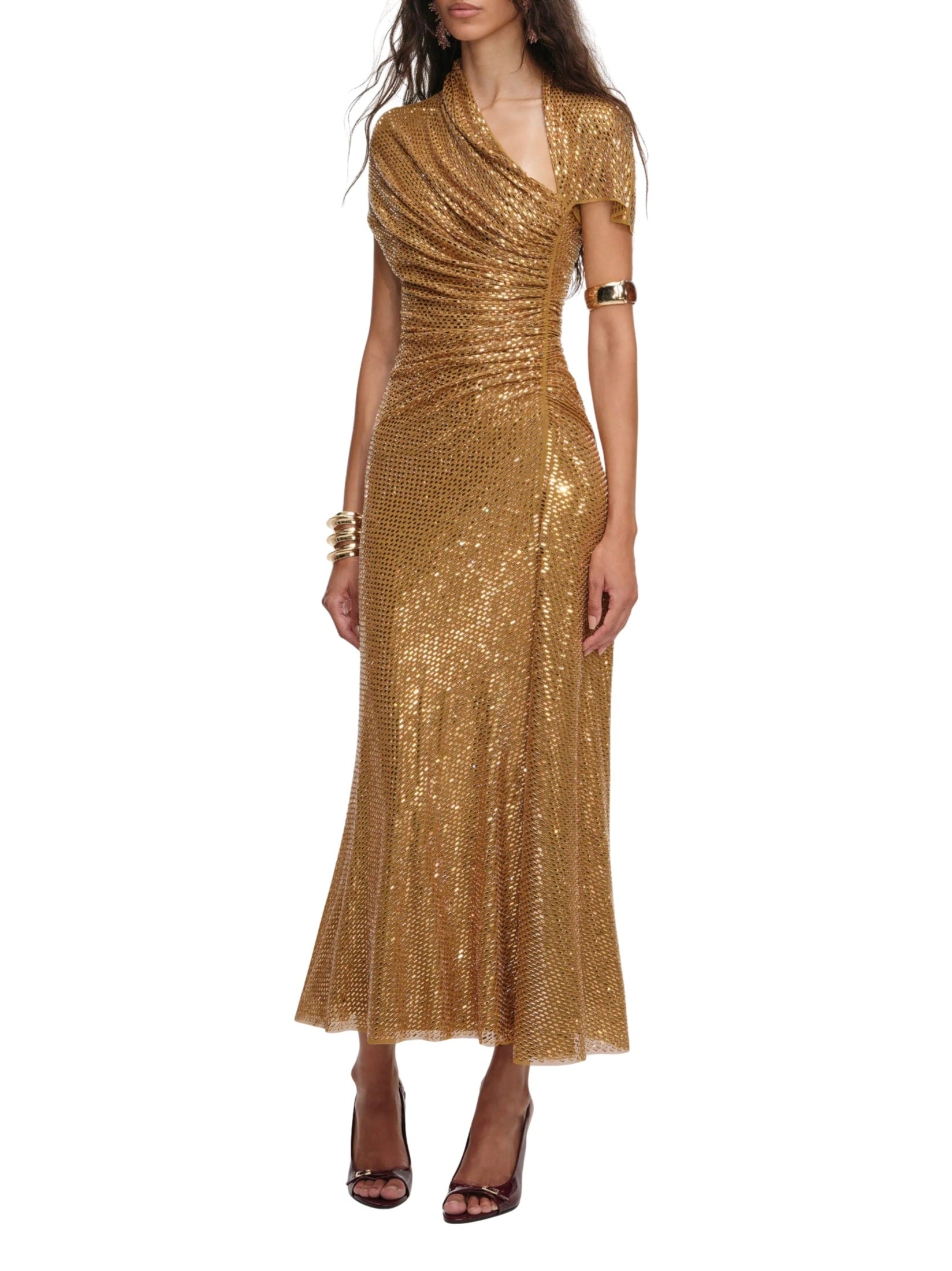 Gold rhinestone drape midi dress