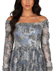 Hand embroiderd flowers -long sleeve dress-waist cut dress