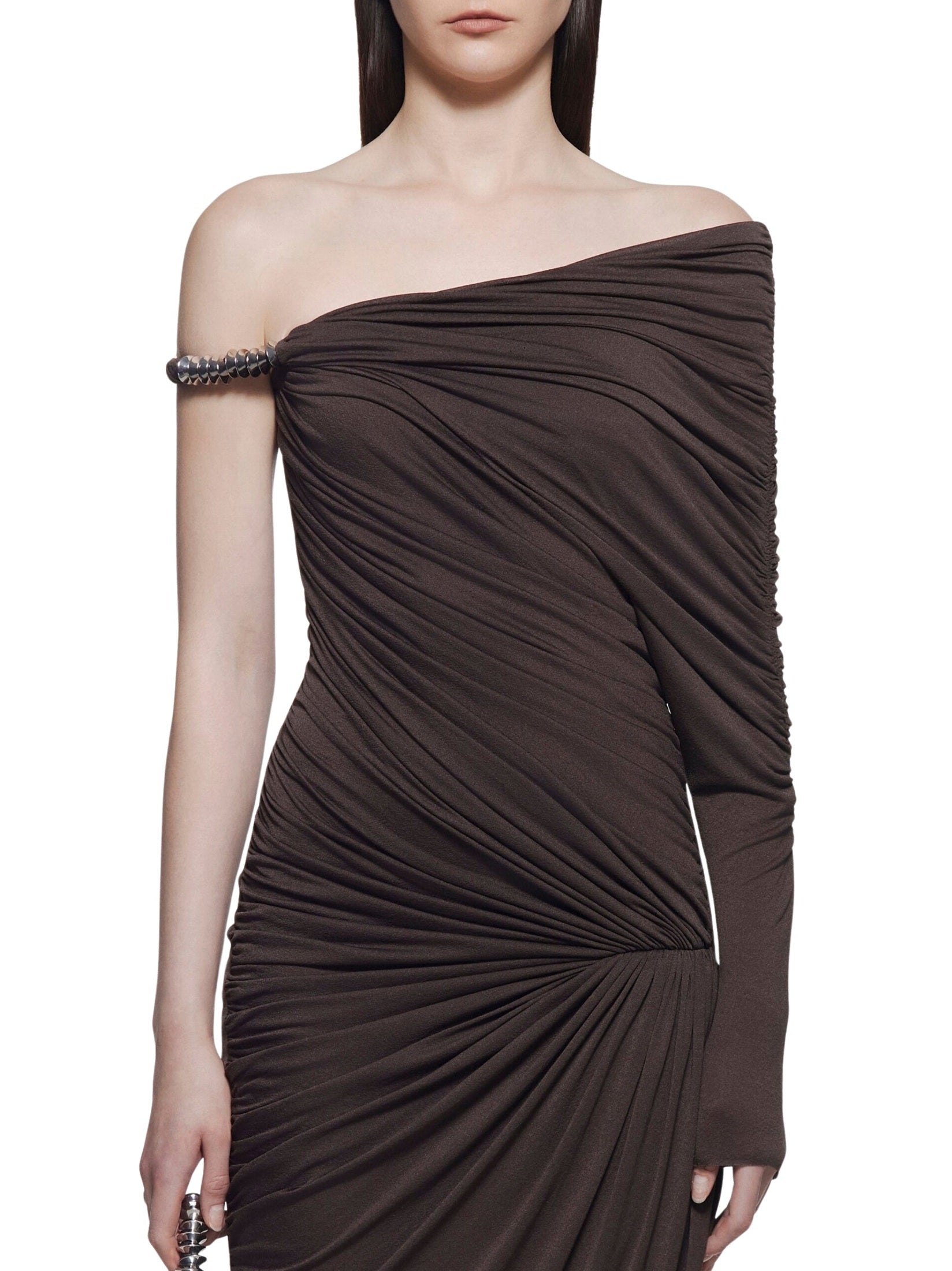 Off-shoulder dress with asymmetrical ruching and signature