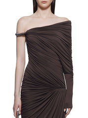 OFF-SHOULDER DRESS WITH ASYMMETRICAL RUCHING AND SIGNATURE
