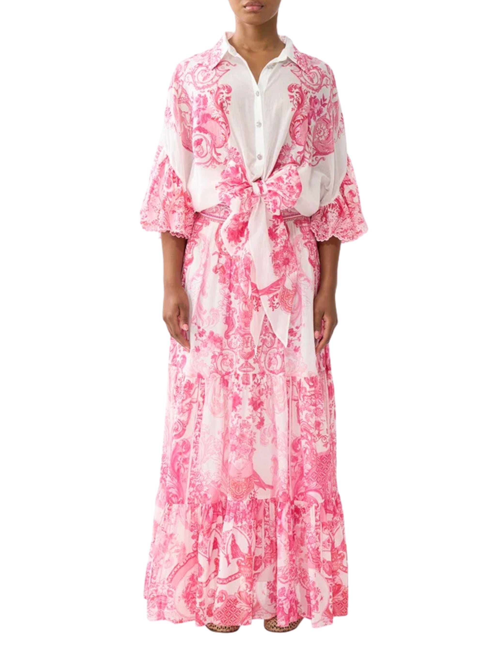 Tie front shirt with sleeve frill