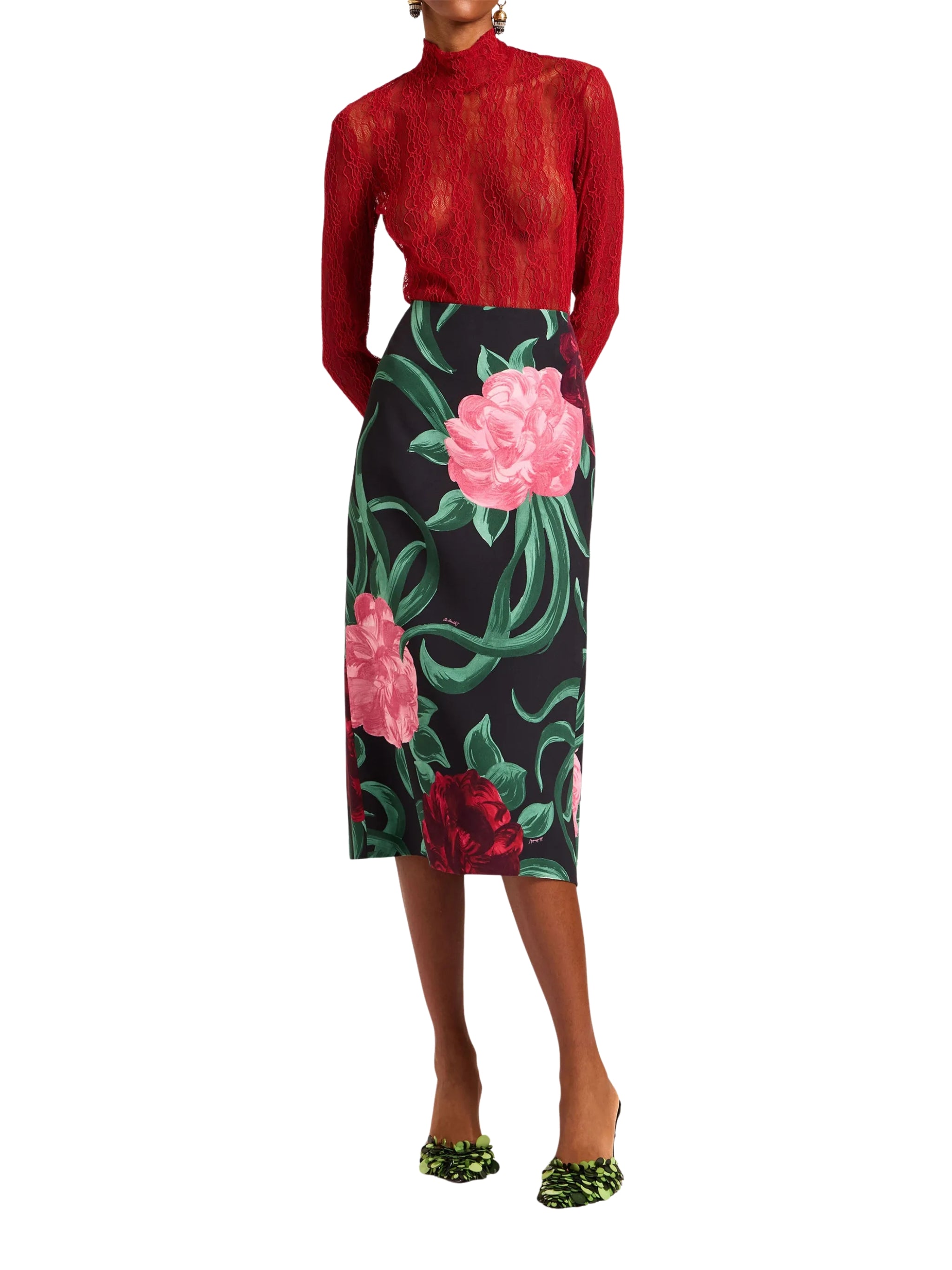 Pencil Skirt Peony Black In Sablé Satin