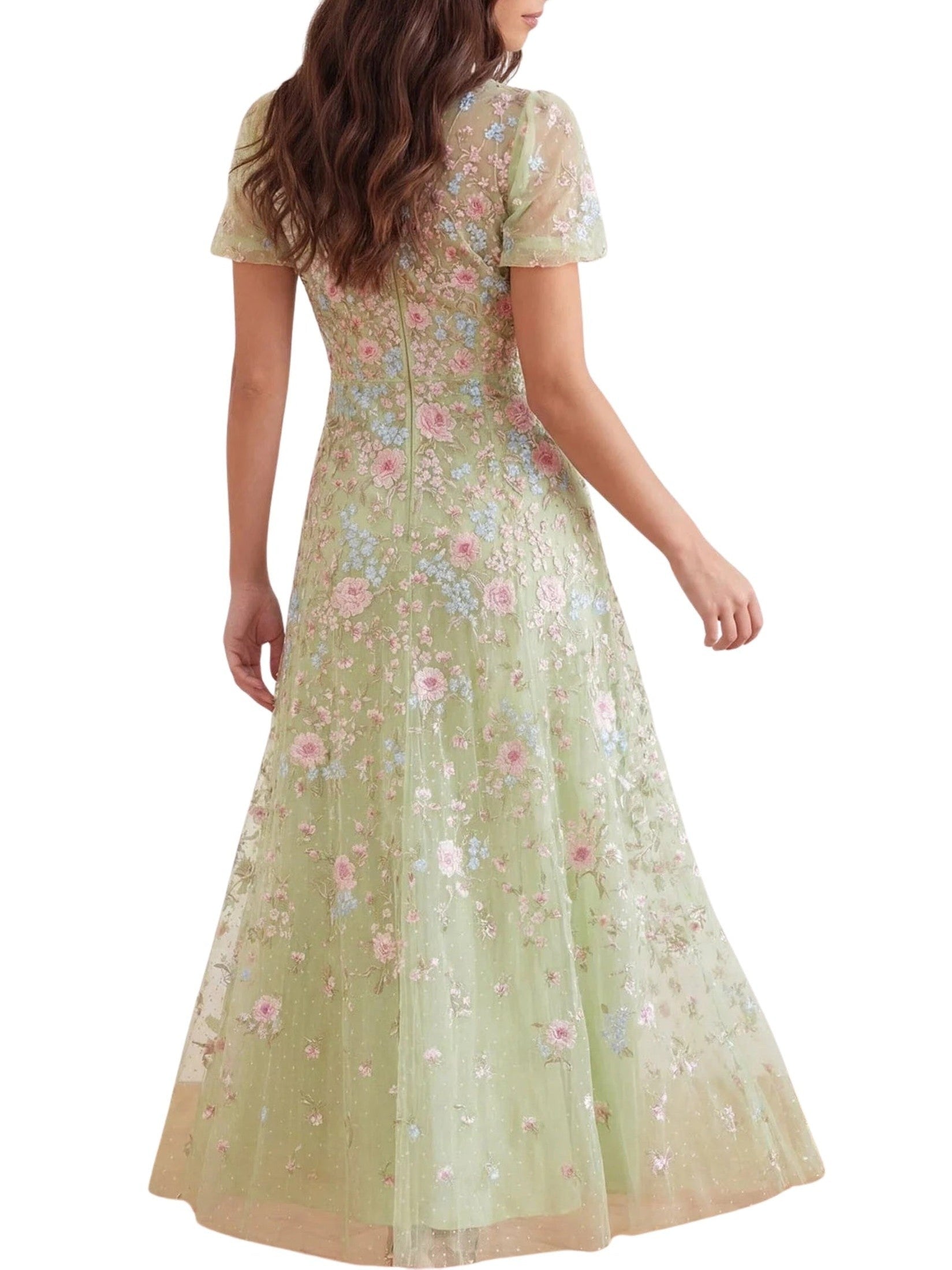 Peony bouquet round neck ankle gown
