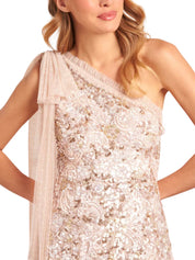 BAROQUE FLORAL ONE-SHOULDER BOW ANKLE GOWN