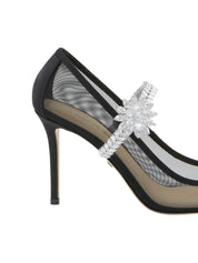 Lotus Flower Jewelled Black Mesh Pumps (95Mm)