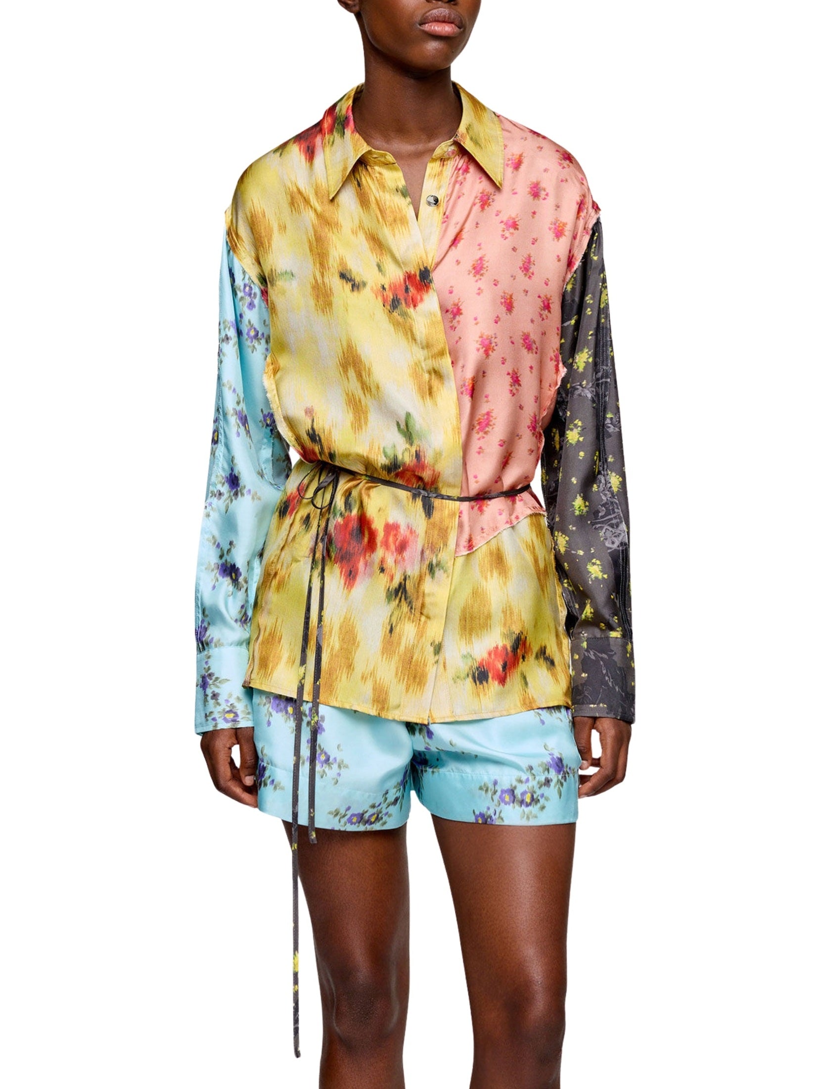 Multi printed silk twill long sleeve shirt