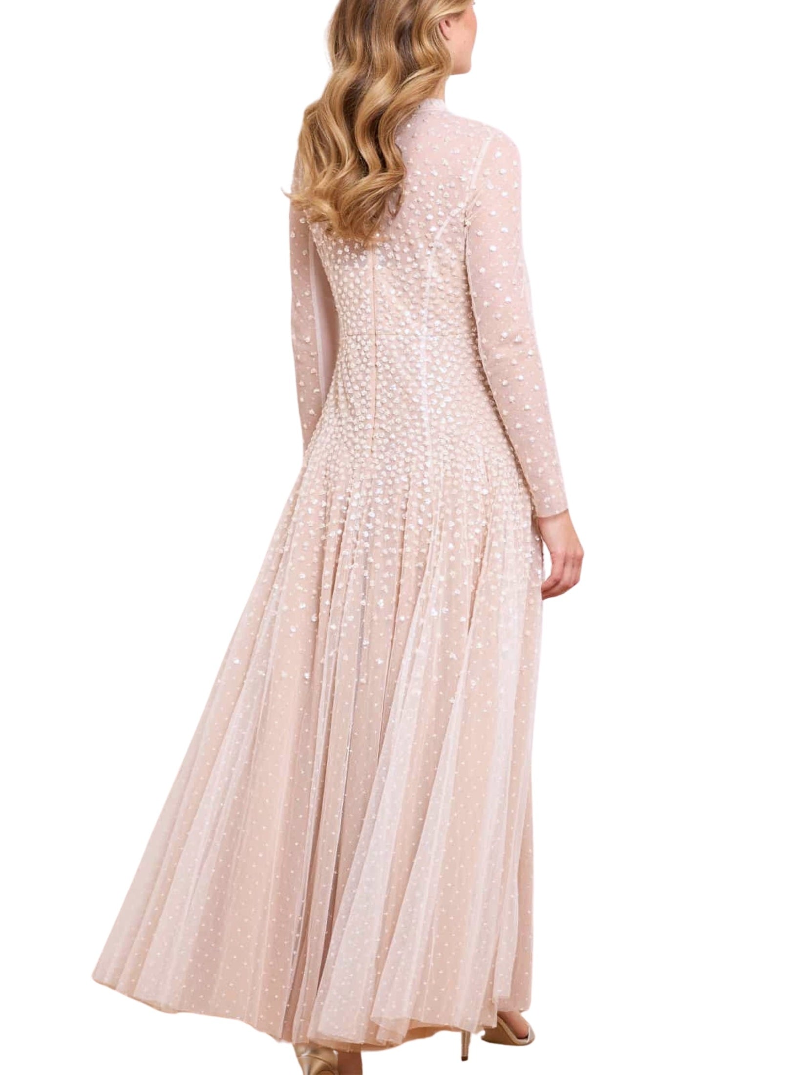 Sequin cascade round neck gown