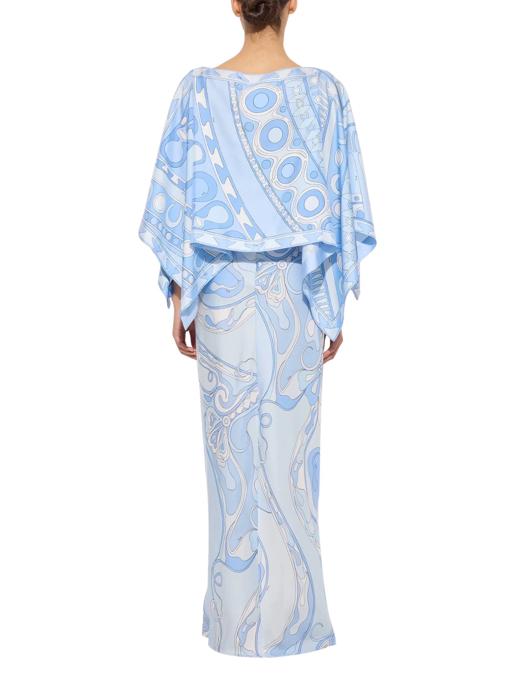 Orchidee and soleil print silk dress with cape