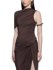 ASYMMETRICAL DRESS WITH RUCHING FLAP AND SIGNATURE
