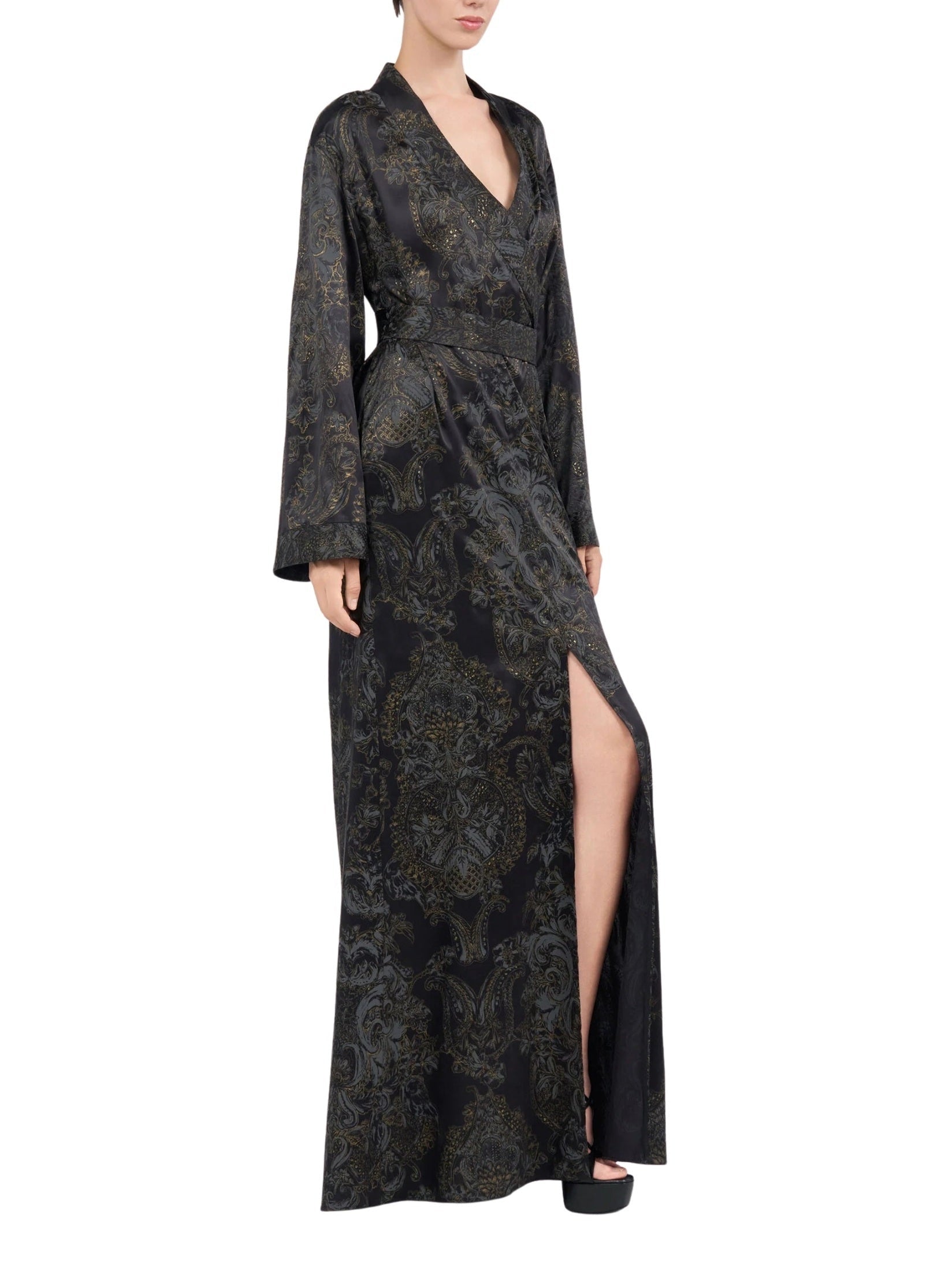 Ornamental black silk kimono dress