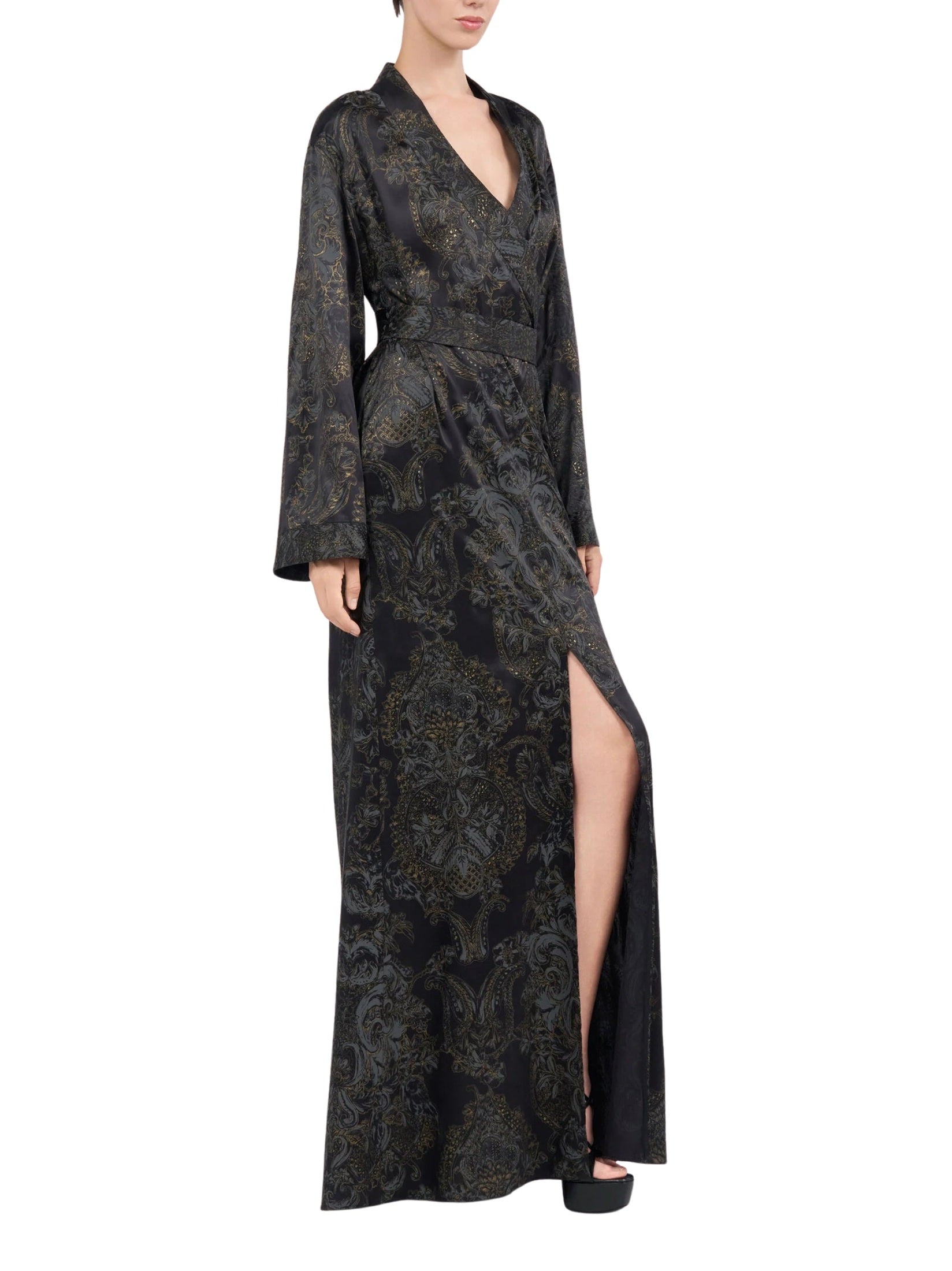 Ornamental black silk kimono dress