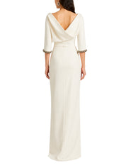 3/4 sleeve column gown with boat neckline