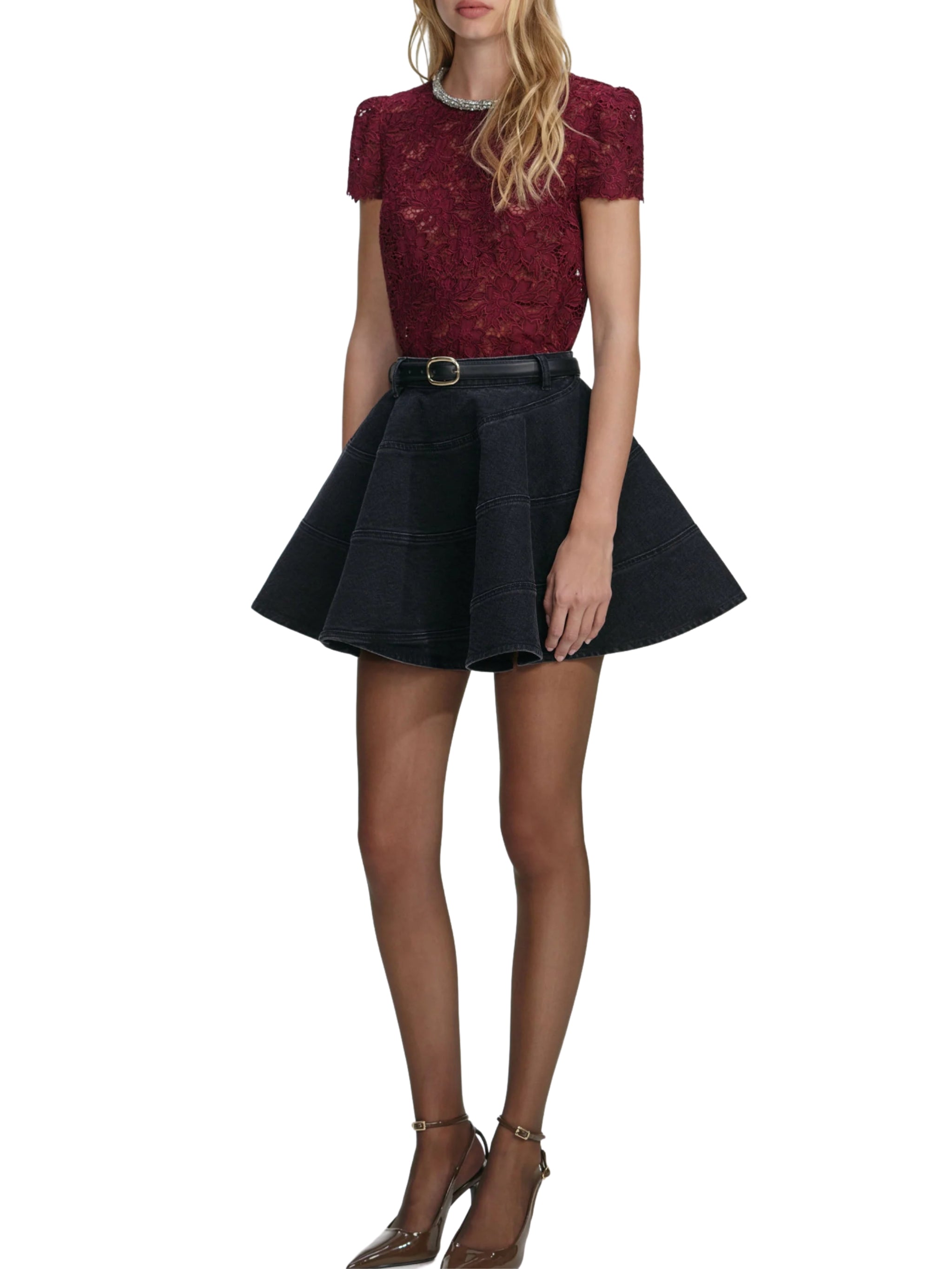 BURGUNDY LACE CRYSTAL TRIM TOP