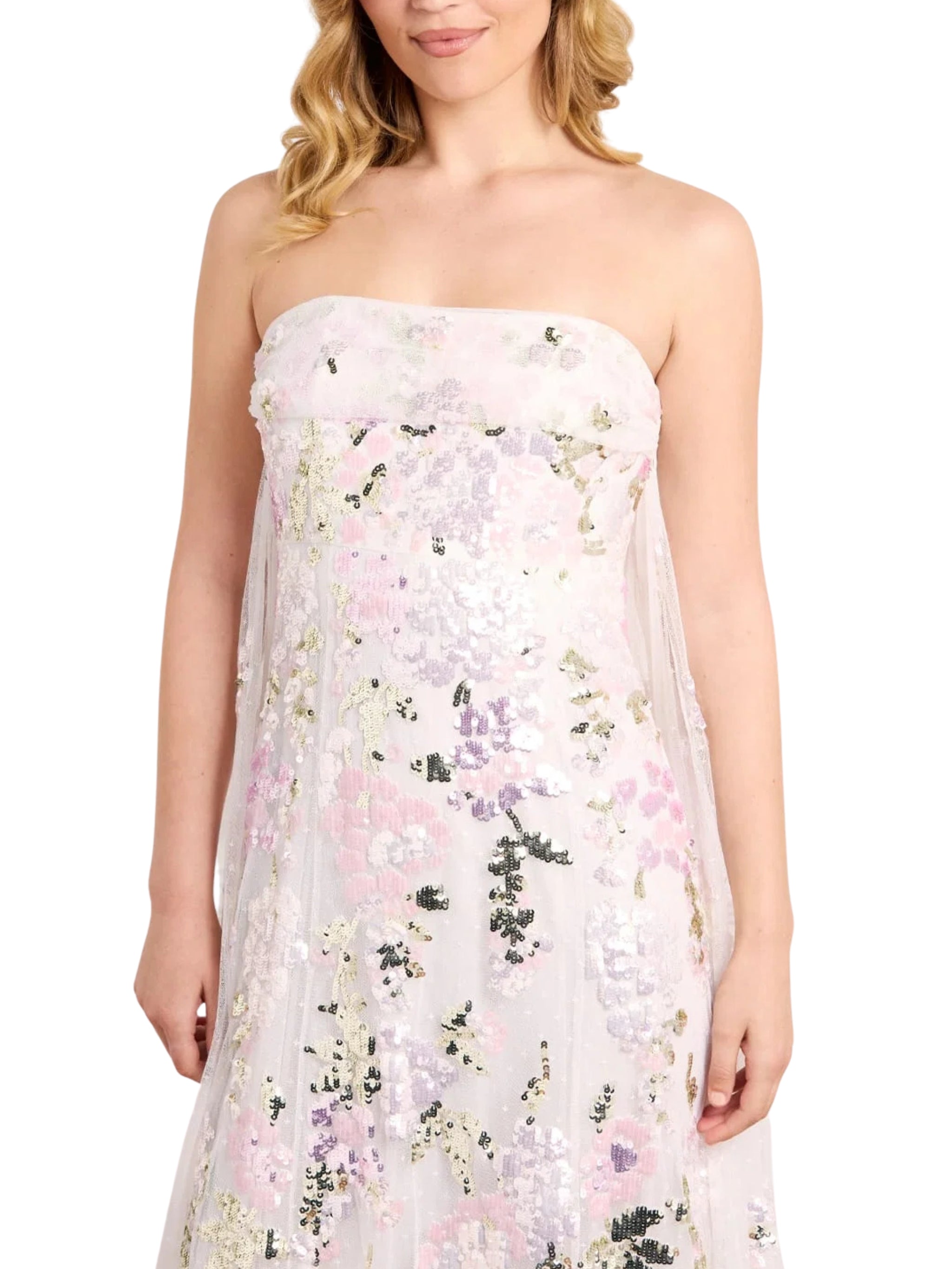 Wisteria sequin strapless cape gown