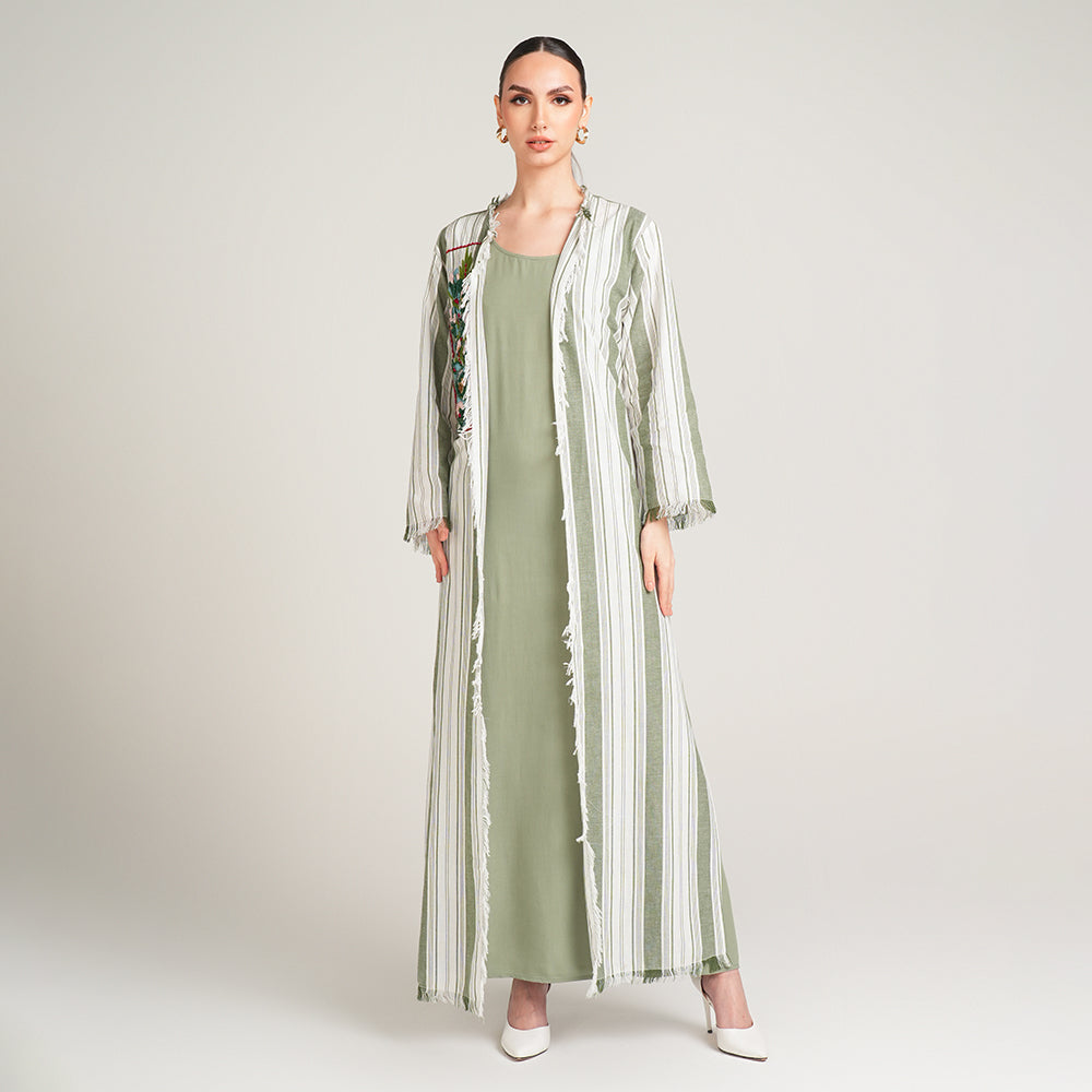 OLIVE GREEN CAPE WITH EMBROIDERY AND DRESS