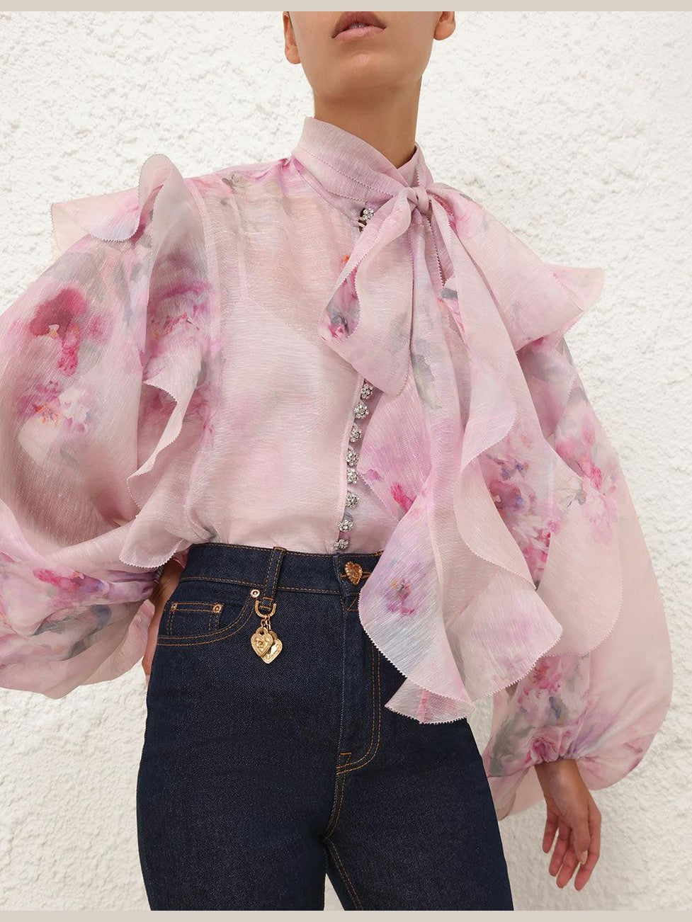 Crush tie neck ruffle blouse