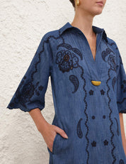 Aster embroidered denim midi