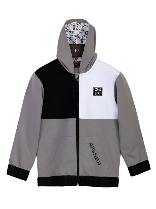 Jacket with hood sweat lycra embroidery/woven badge