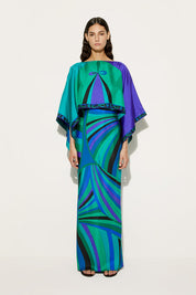 Long Dress with Cape in Iris Print