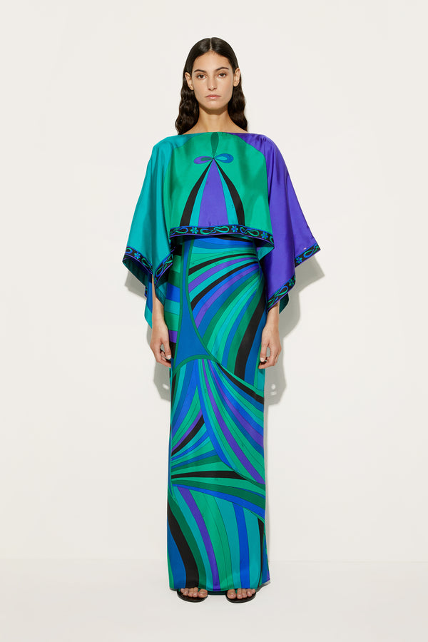 Long Dress with Cape in Iris Print
