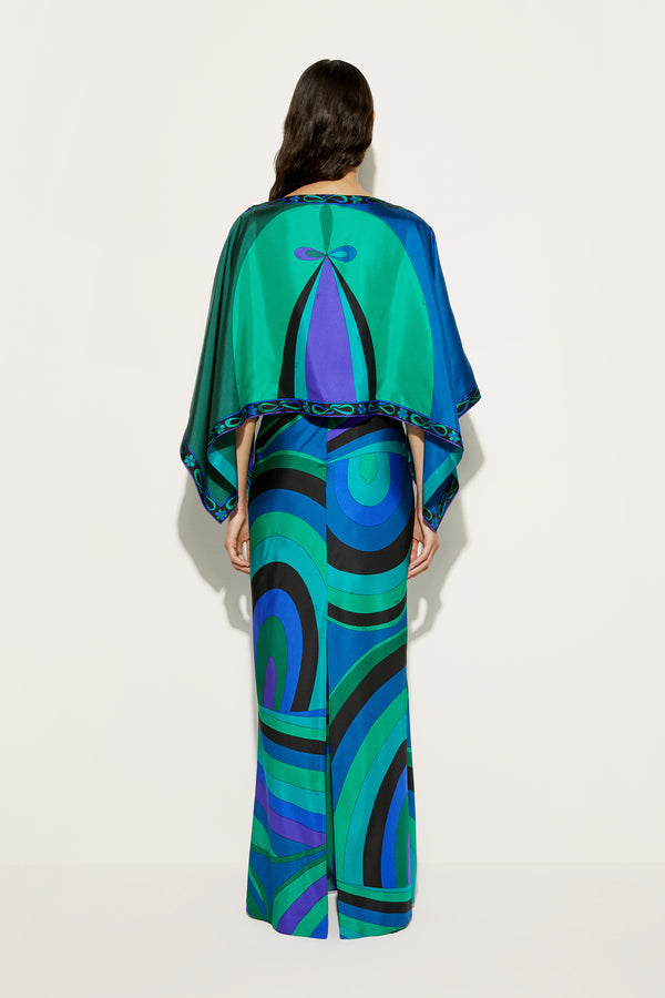 Long Dress with Cape in Iris Print