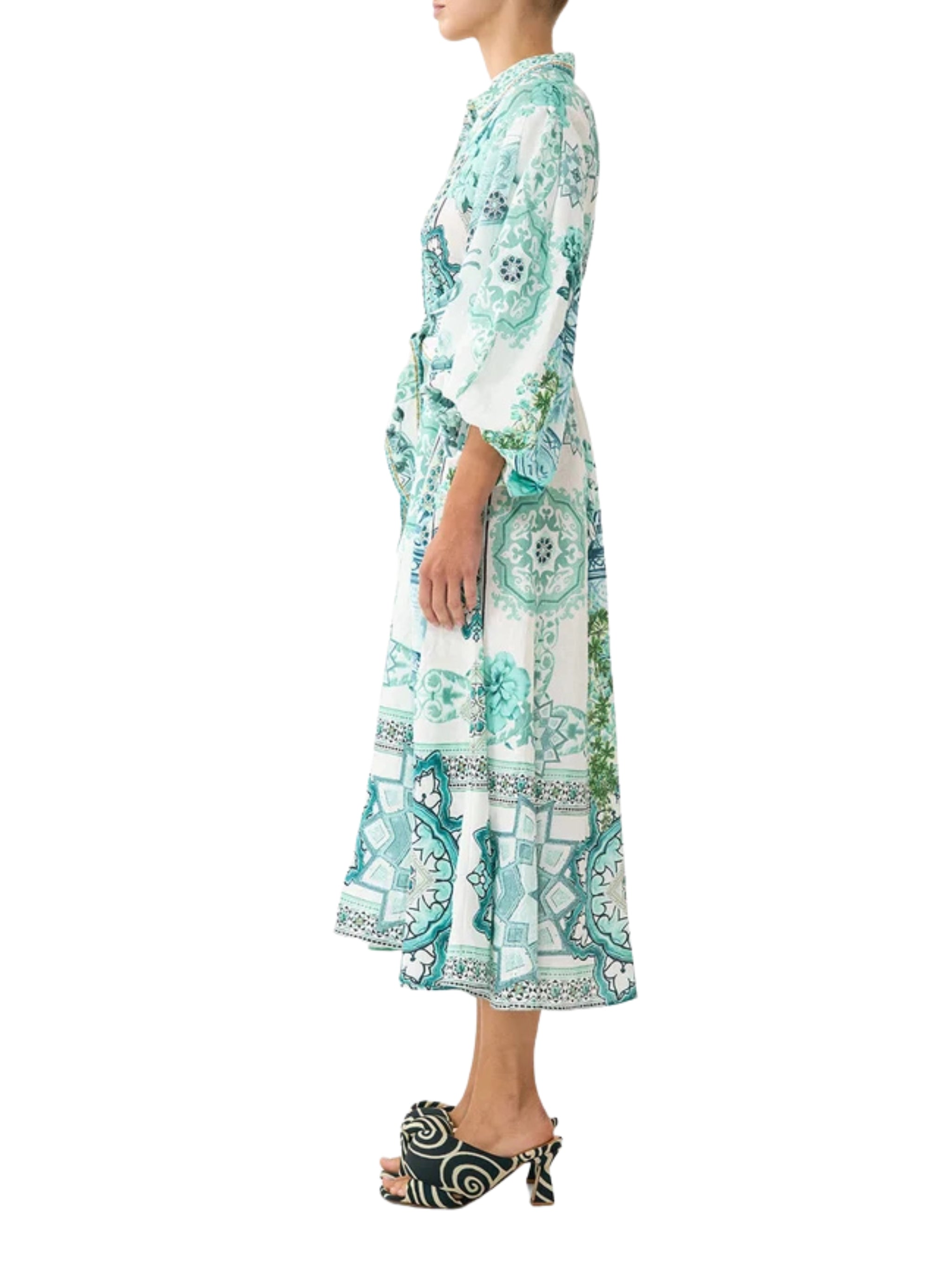 Waist tie shirt dress with bubble sleeve
