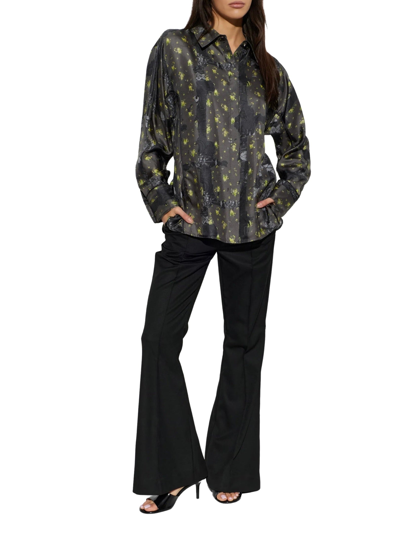 Printed silk twill long sleeve shirt