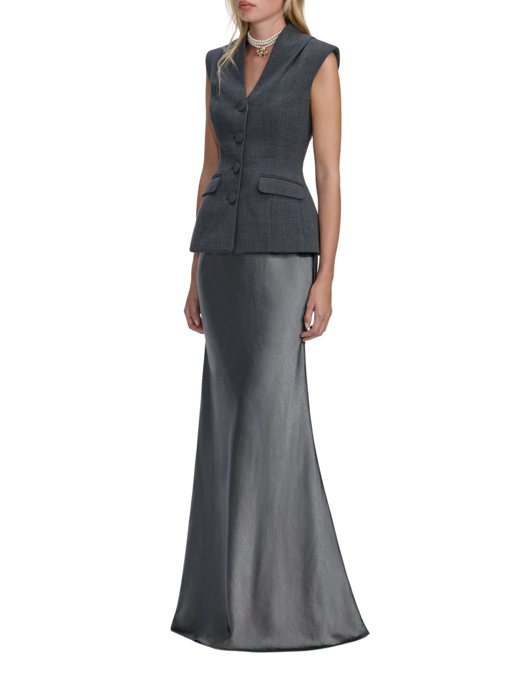 Grey tailored satin maxi dress