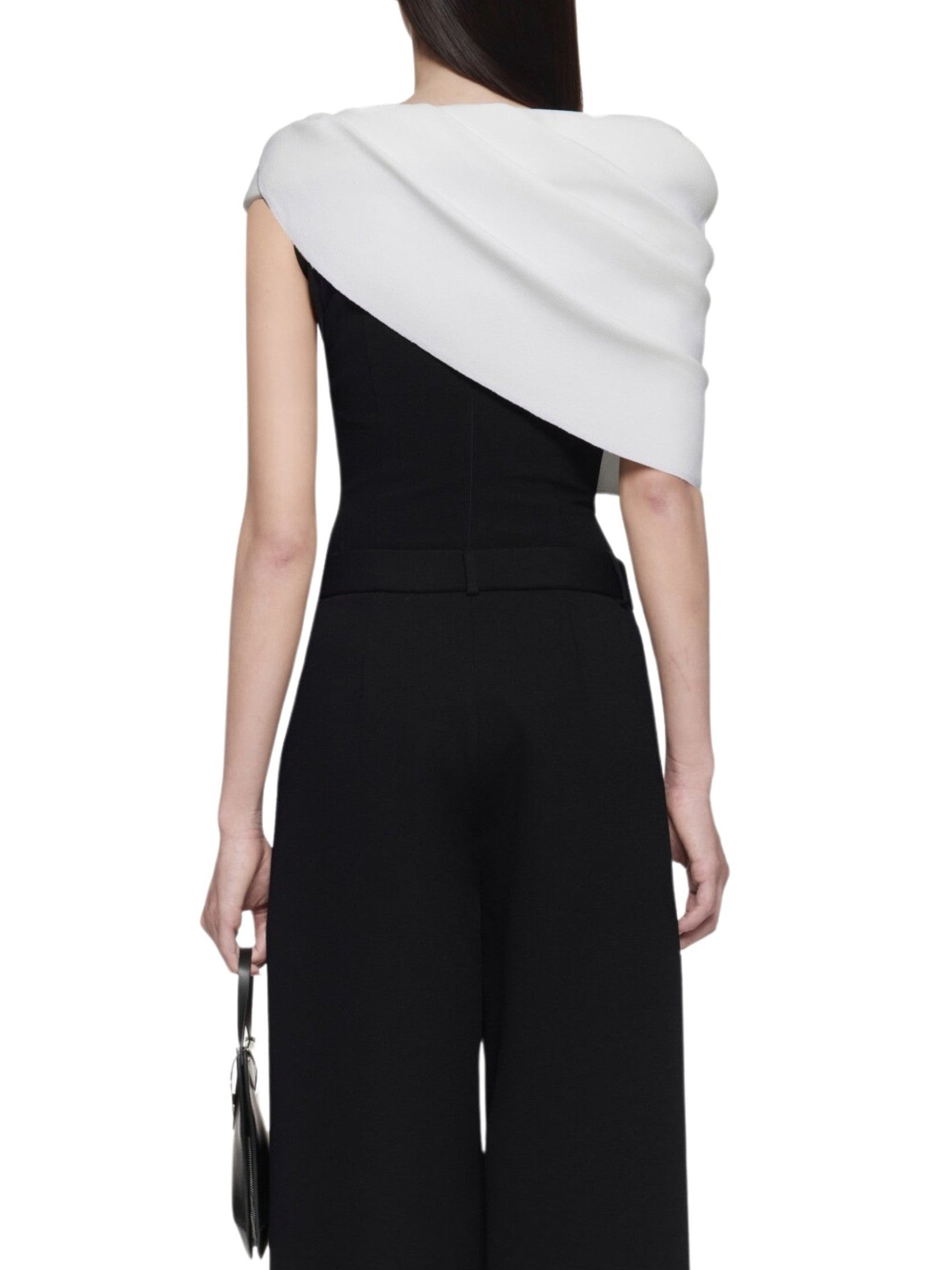 Off-shoulder bodysuit with cowl drapes and padded yoke