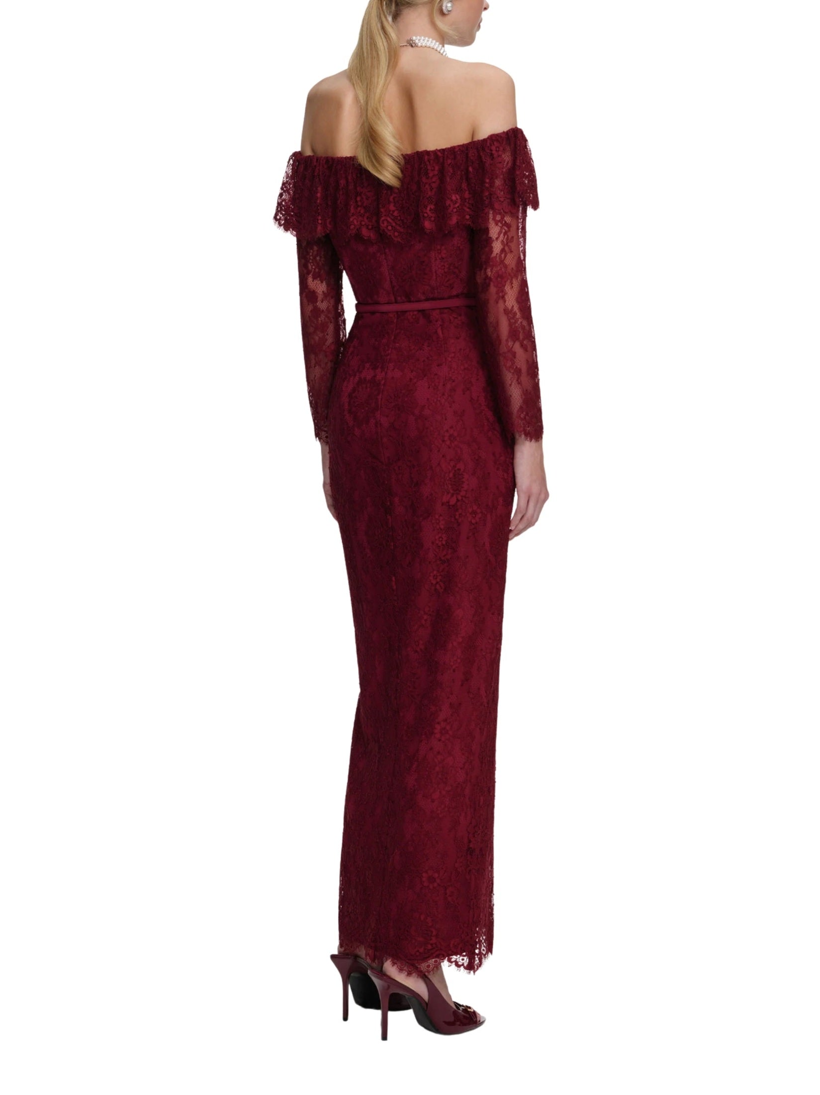 Burgundy off-shoulder gathered lace maxi dress