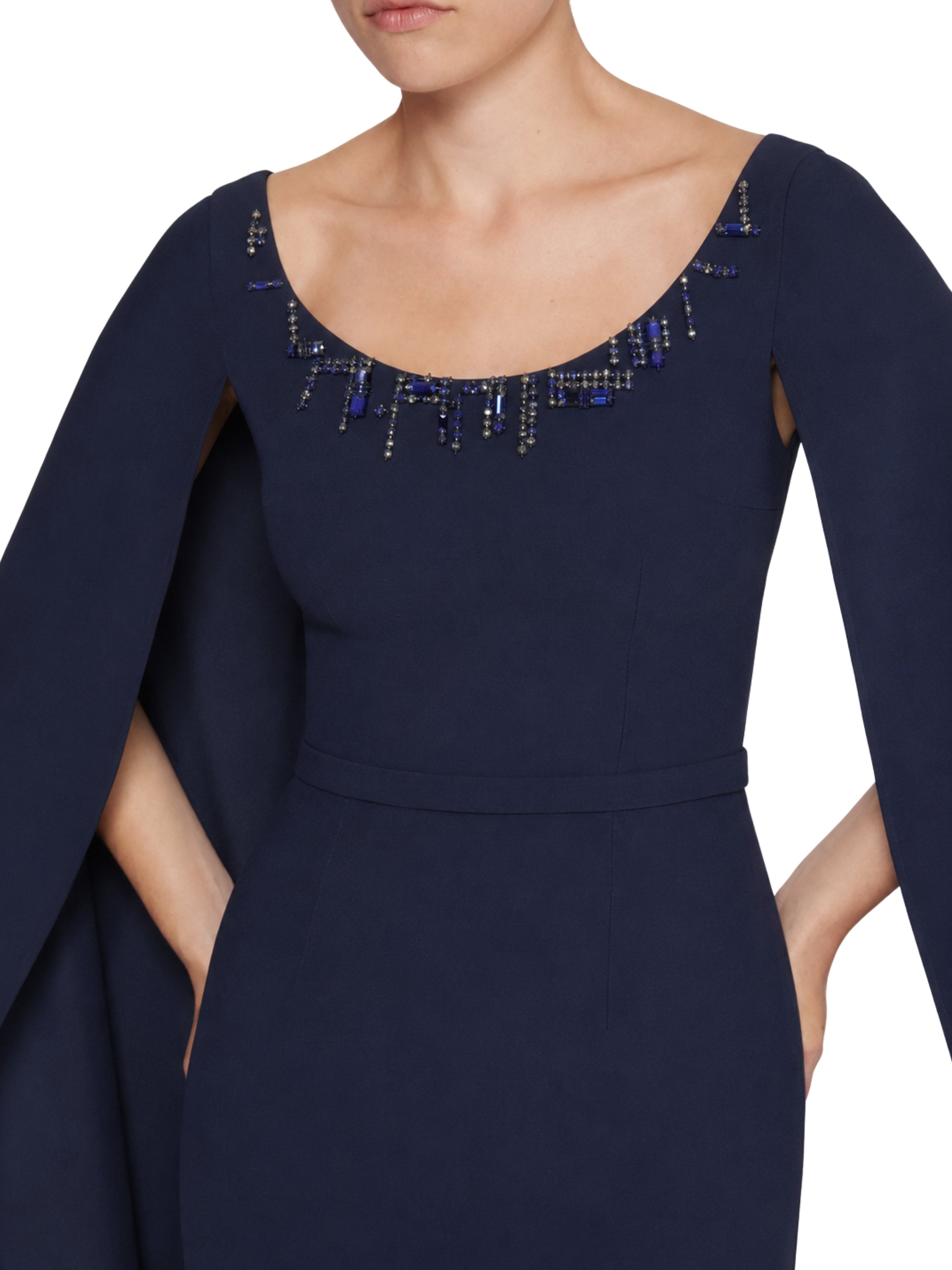 Column gown with cape sleeves