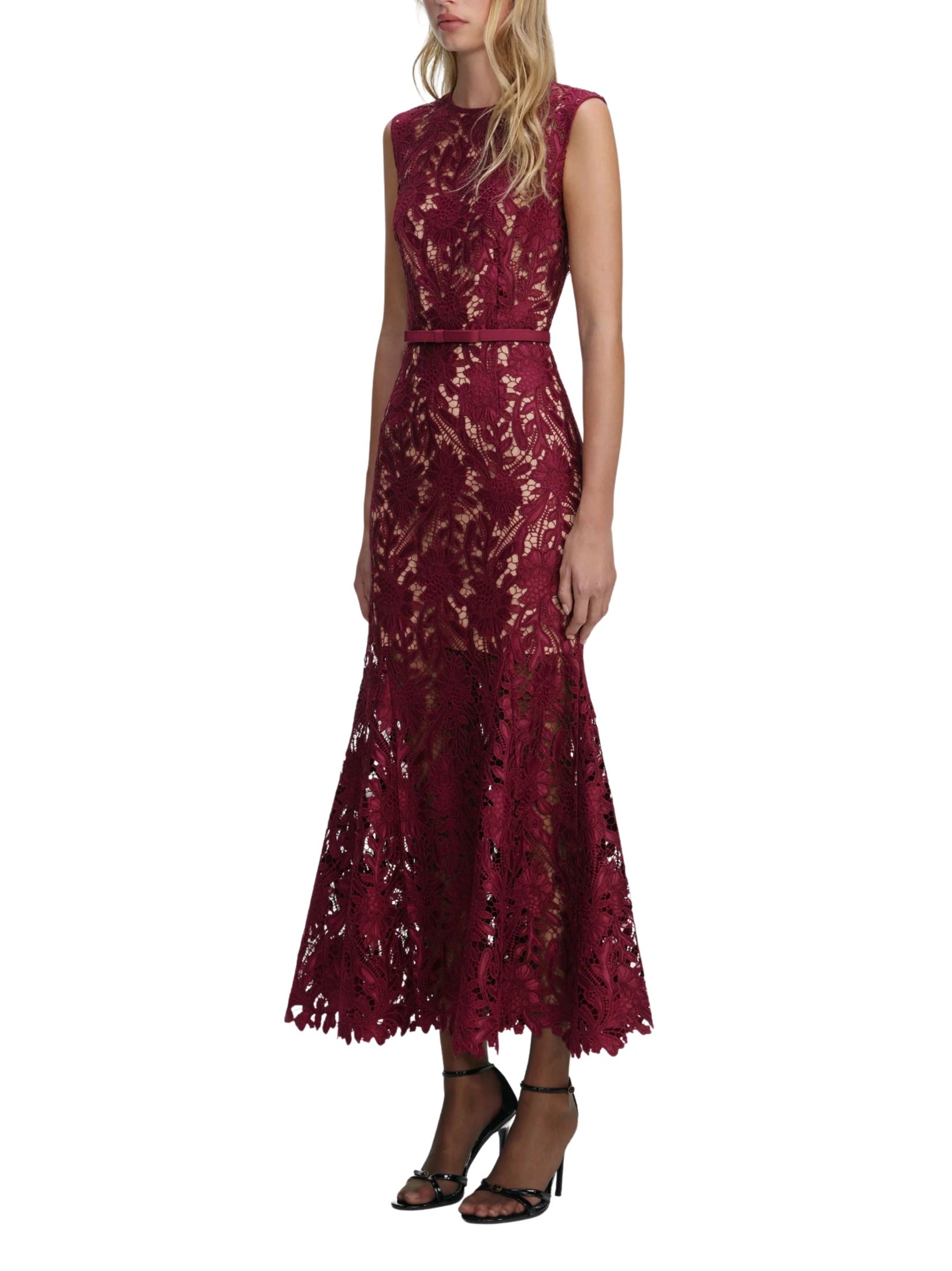 Burgundy guipure lace midi dress