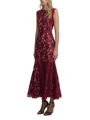 BURGUNDY GUIPURE LACE MIDI DRESS