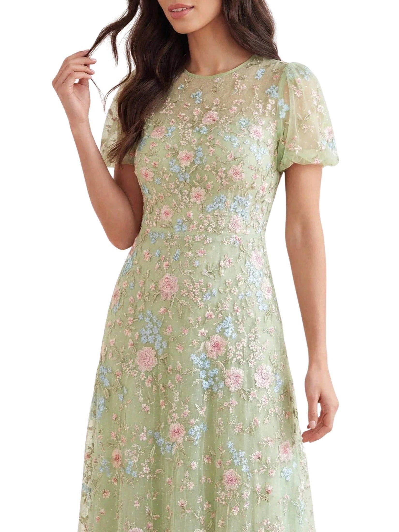 Peony bouquet round neck ankle gown