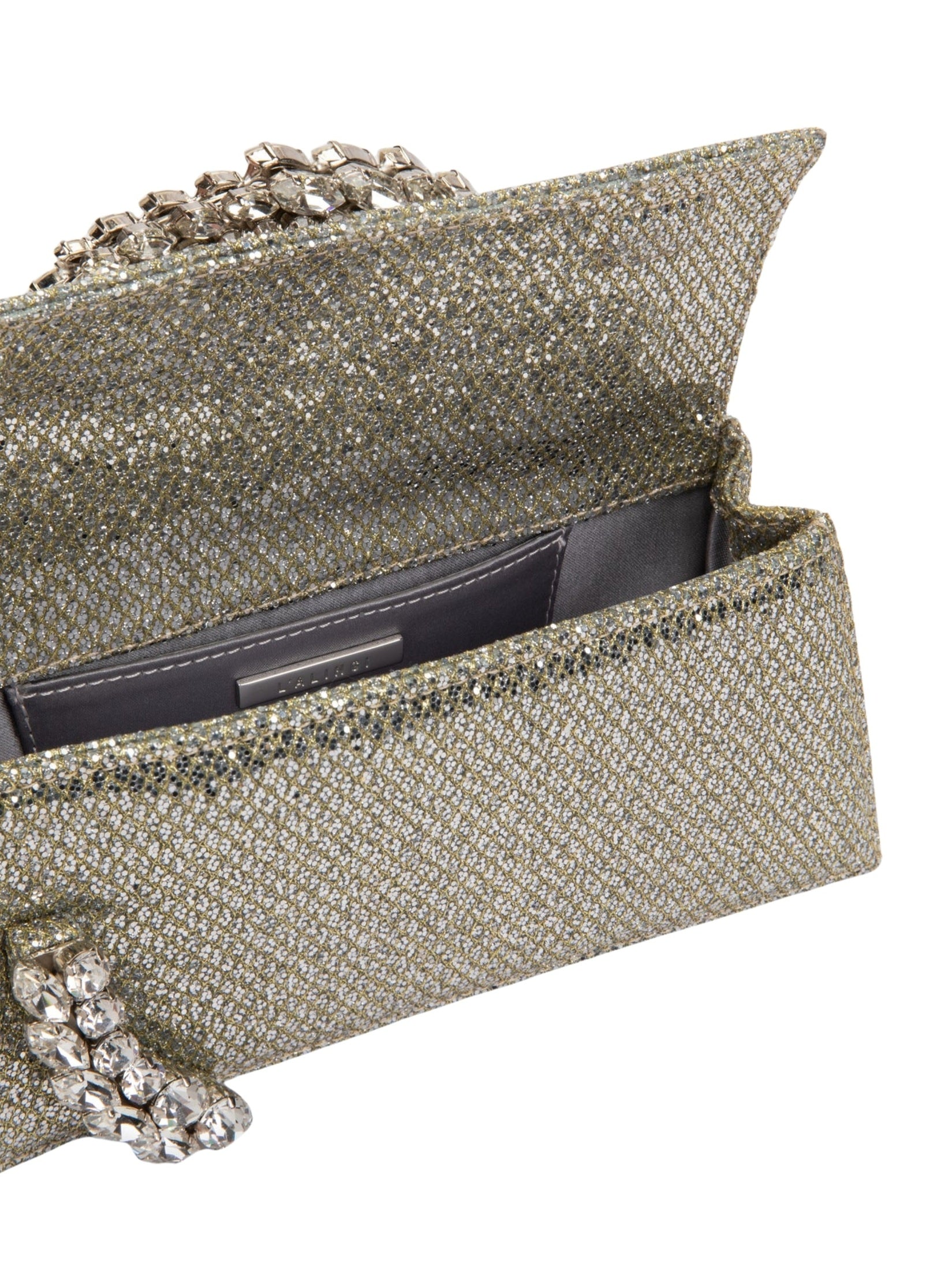 Karma Stone-Encrusted Lace Glitter Clutch Gold