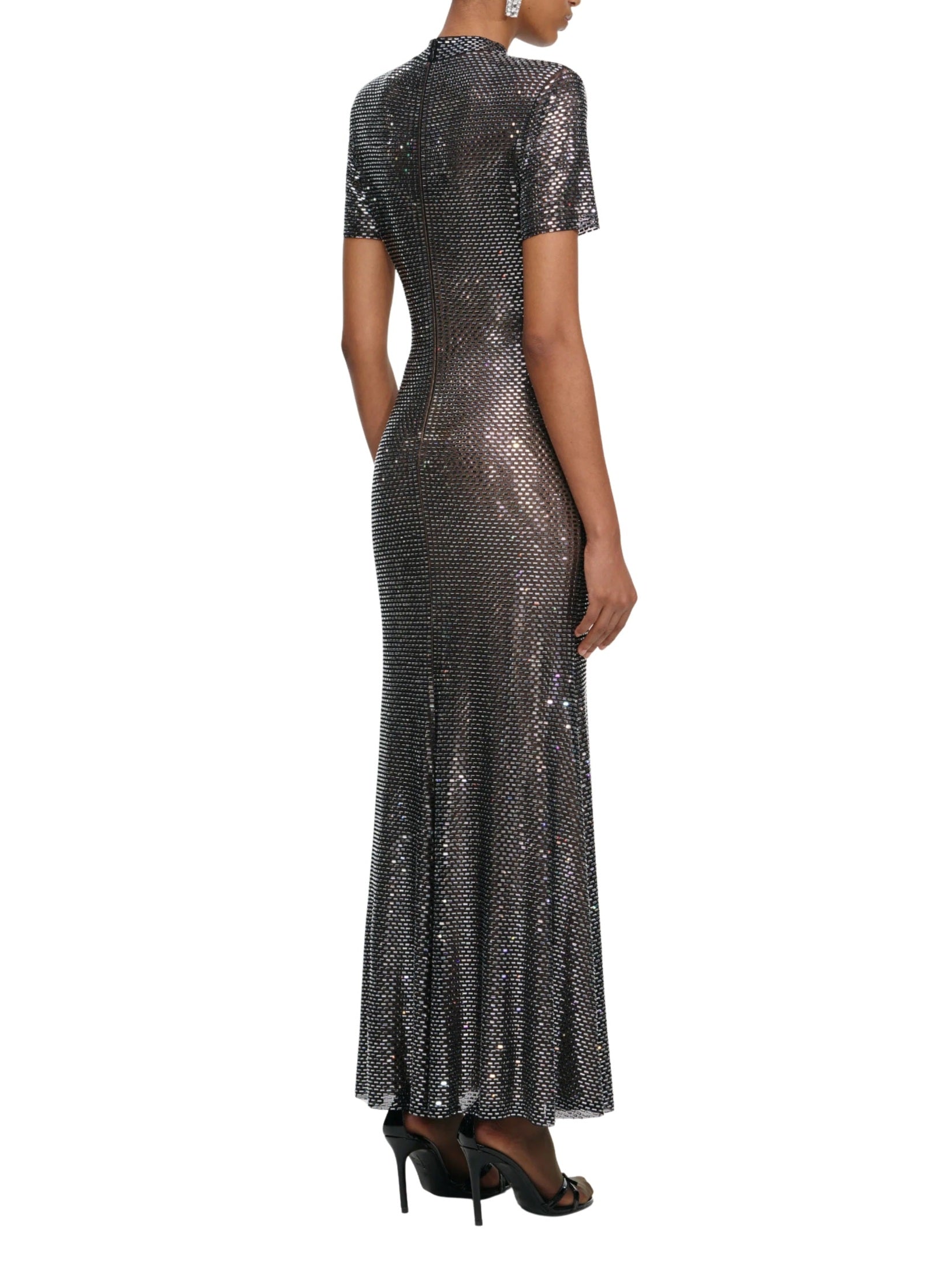 Gunmetal rhinestone mesh midi dress