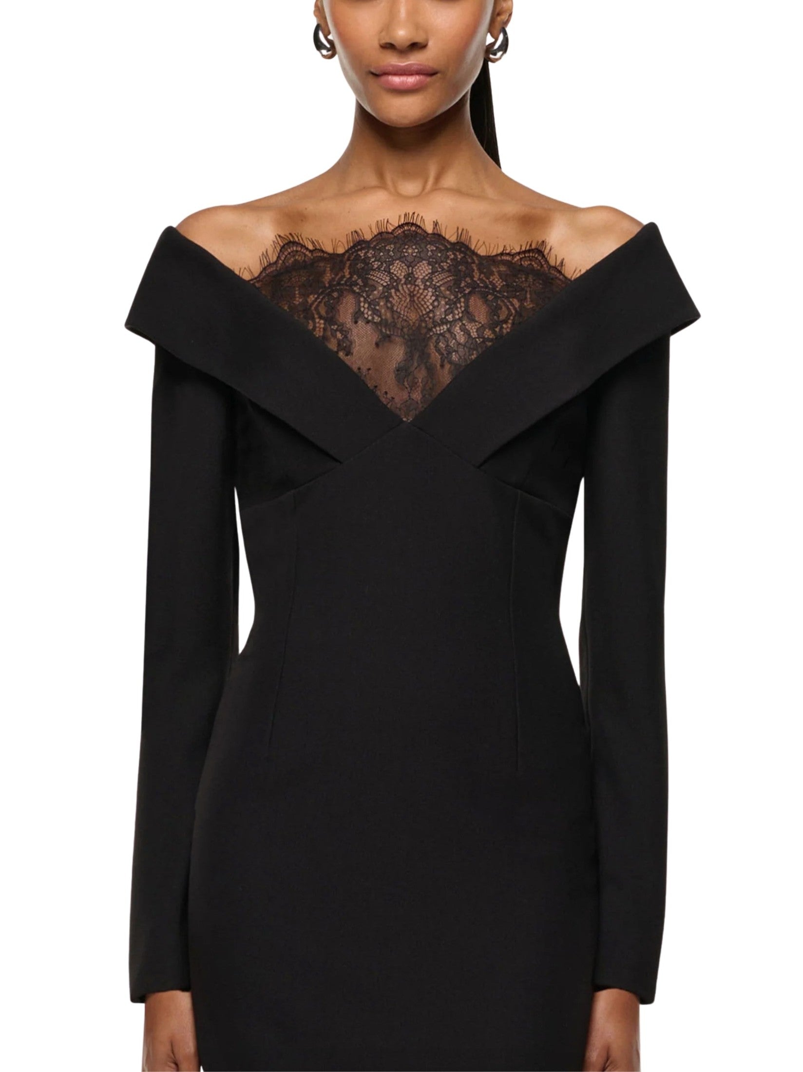 Lace insert crepe column gown