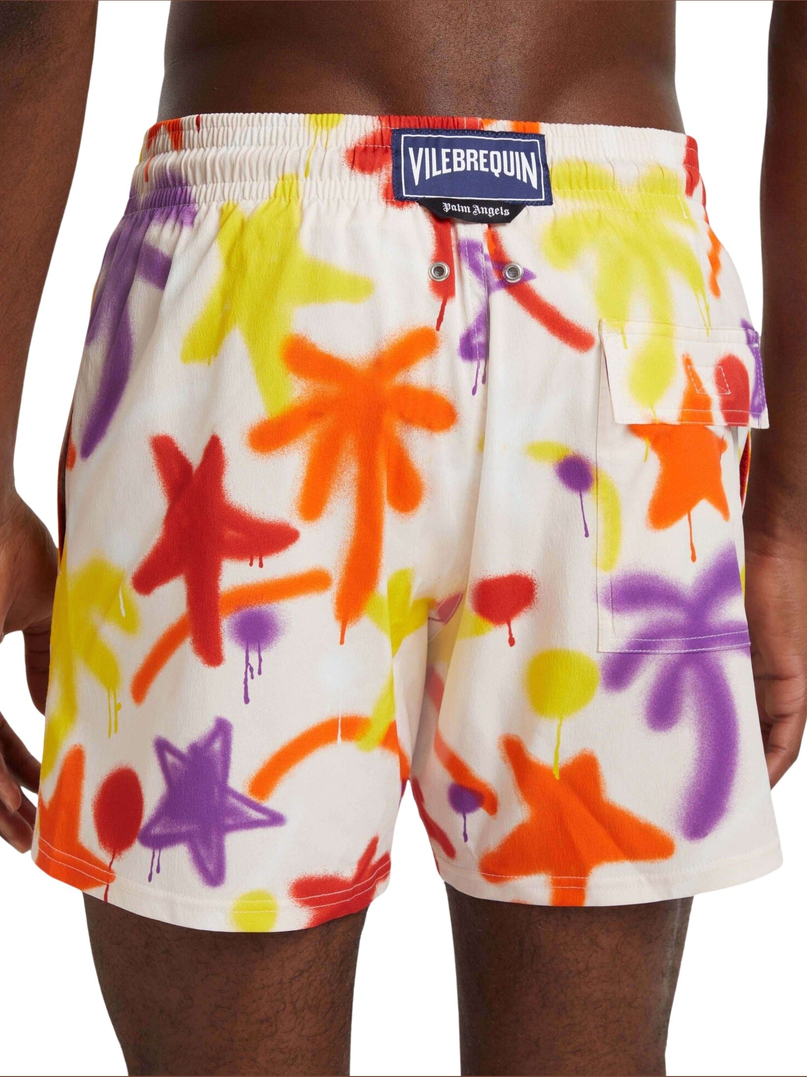 Men stretch short swim shorts spray paint - vbq x palm angels