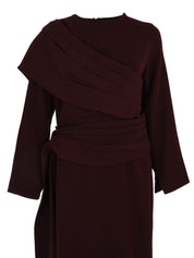 Long Sleeves Dress Strait Cut With Pleated Wrap Around Shoulder Short Wrap