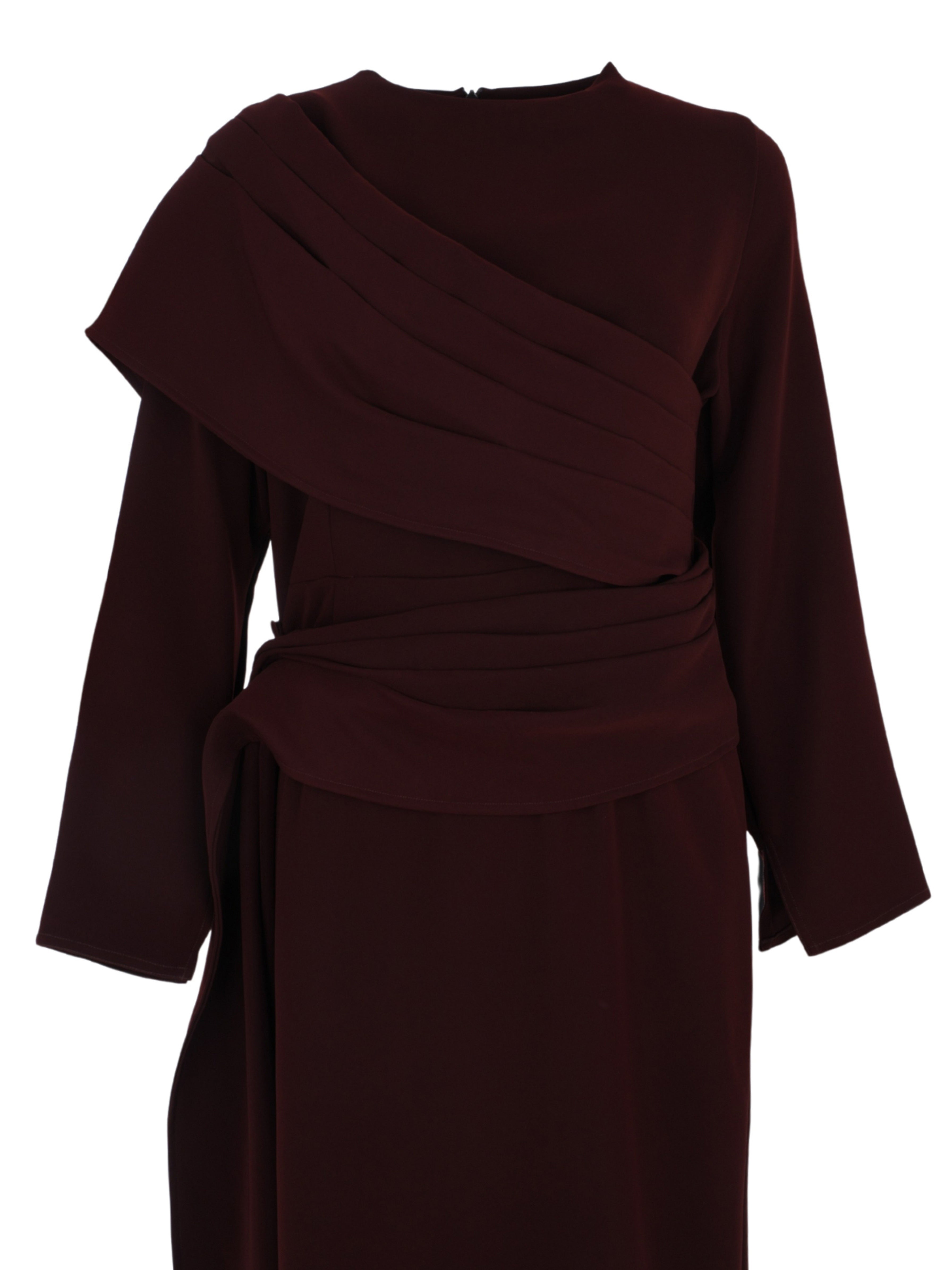 Long Sleeves Dress Strait Cut With Pleated Wrap Around Shoulder Short Wrap