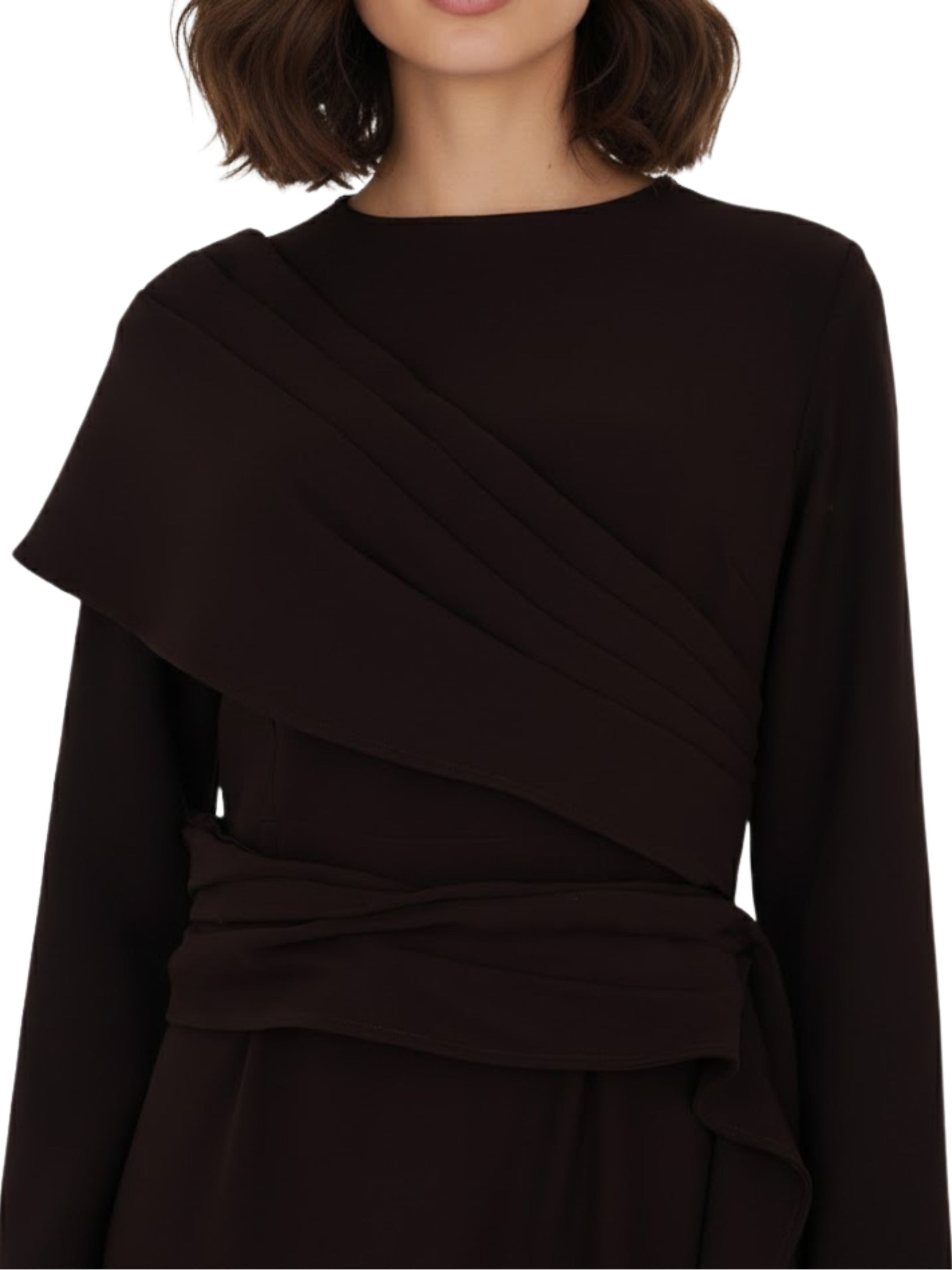 Long sleeves dress straight cut with pleated rap around shoulder