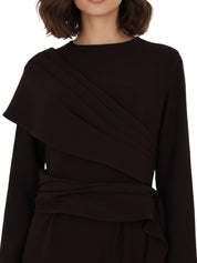 Long Sleeves Dress Straight Cut With Pleated Rap Around Shoulder